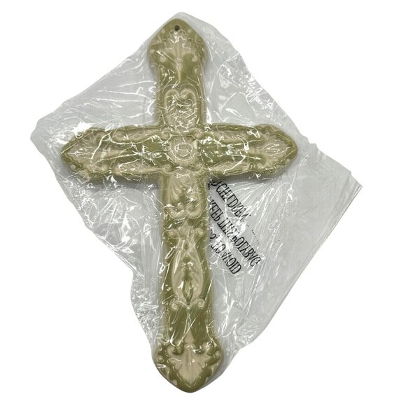 Decorative Wall Cross Cream & Sage Ceramic Celadon Signed Cat 6" x 10" - Picture 1 of 6